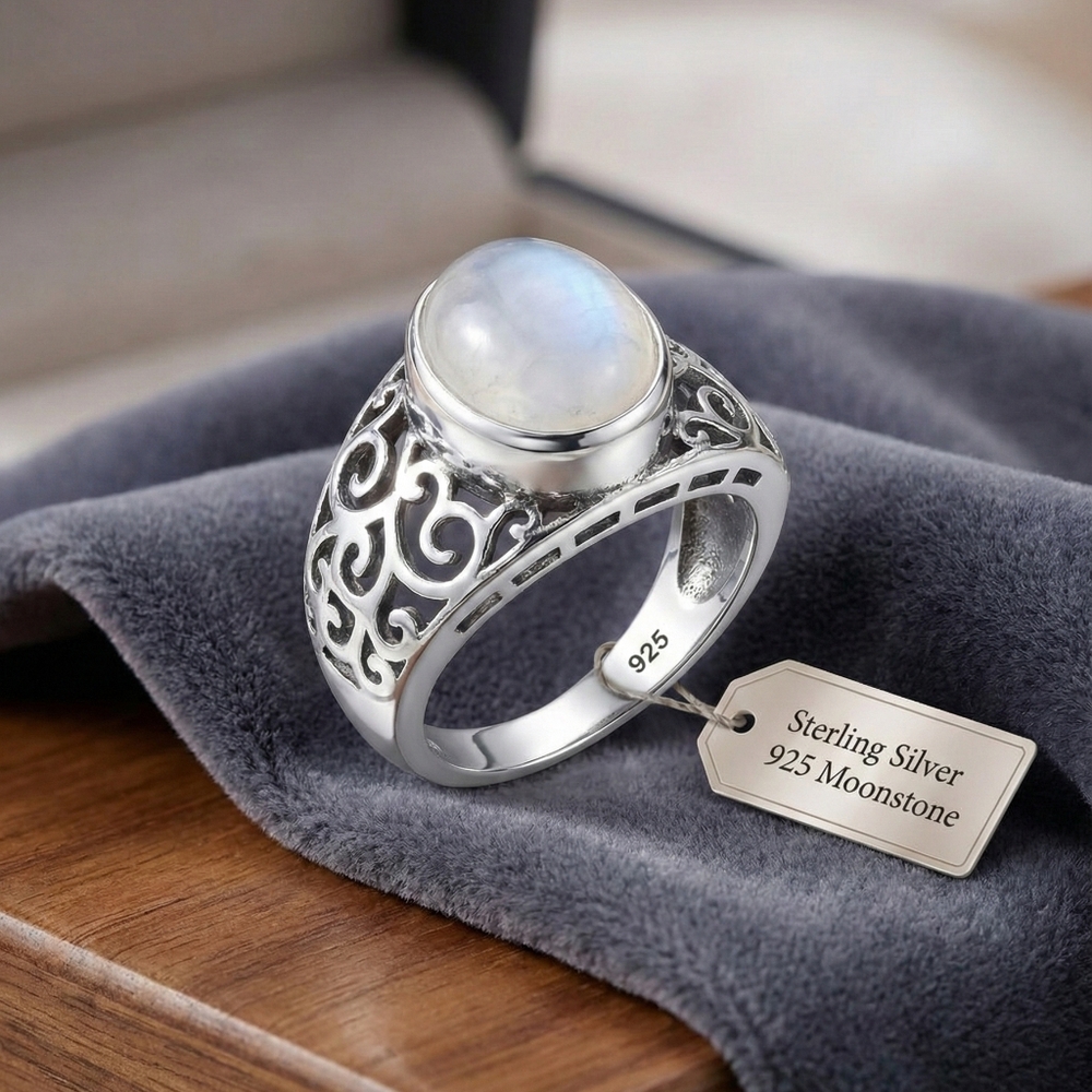 925 sterling silver moonstone, filigre rain, classic boho, Size 7